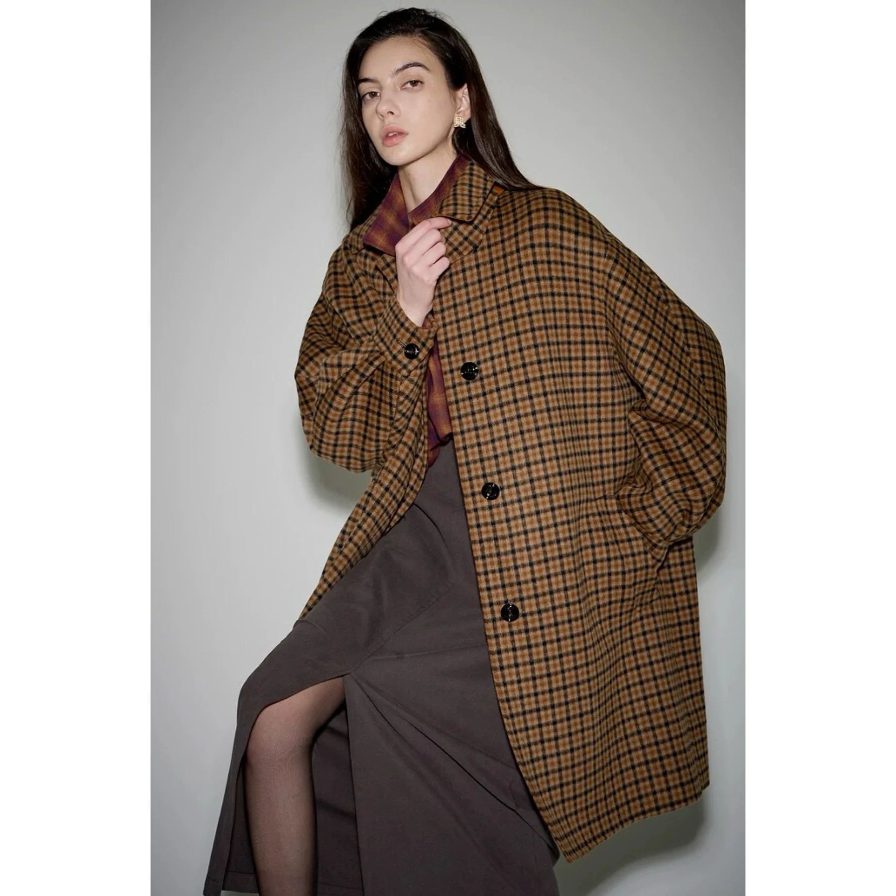 معطف كبير الحجم من الصوف مخيط يدويًا من الجبن الليموني LAN25 للخريف بتصميم عتيق منقوش وياقة مقلوبة ملابس خارجية متعددة الاستخدامات طويلة Sve #3