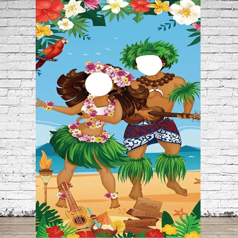 Photography Backdrop Tropical Luau Couple Photo Props Hawaiian Aloha Banner Face In Hole Pretend Play Party Games Background