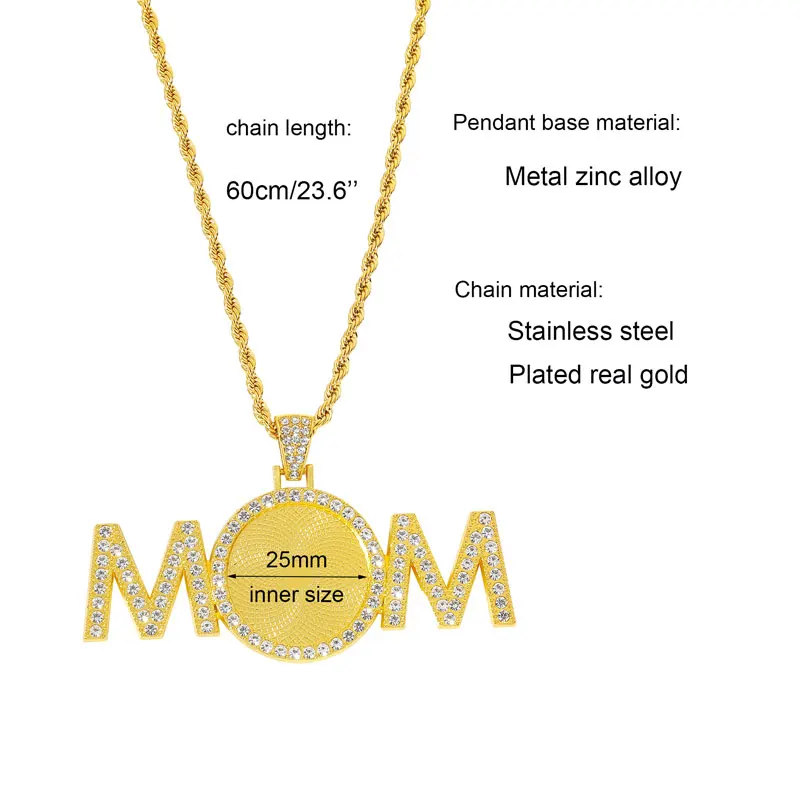 10PCS 60cm Stainless Steel Chain With MOM Nacklace Base 25mm Cabochon Pendant Bezel For DIY Jewelry Making Accessories
