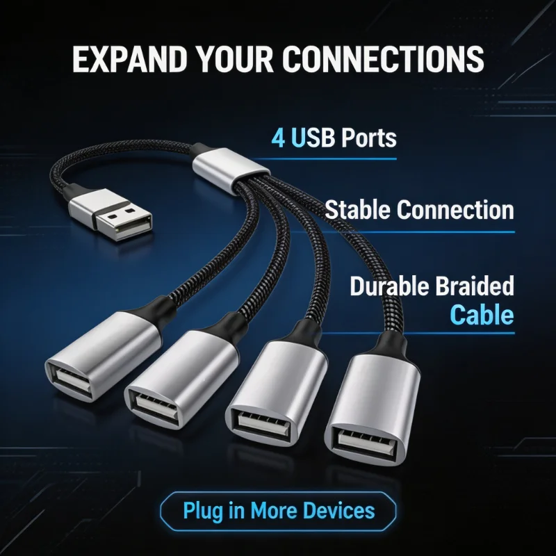 Multi‑Port USB Expander Cable, USB A Male to 4 Female Splitter Hub, Solve Insufficient USB Ports for Laptop Desktop, Plug & Play