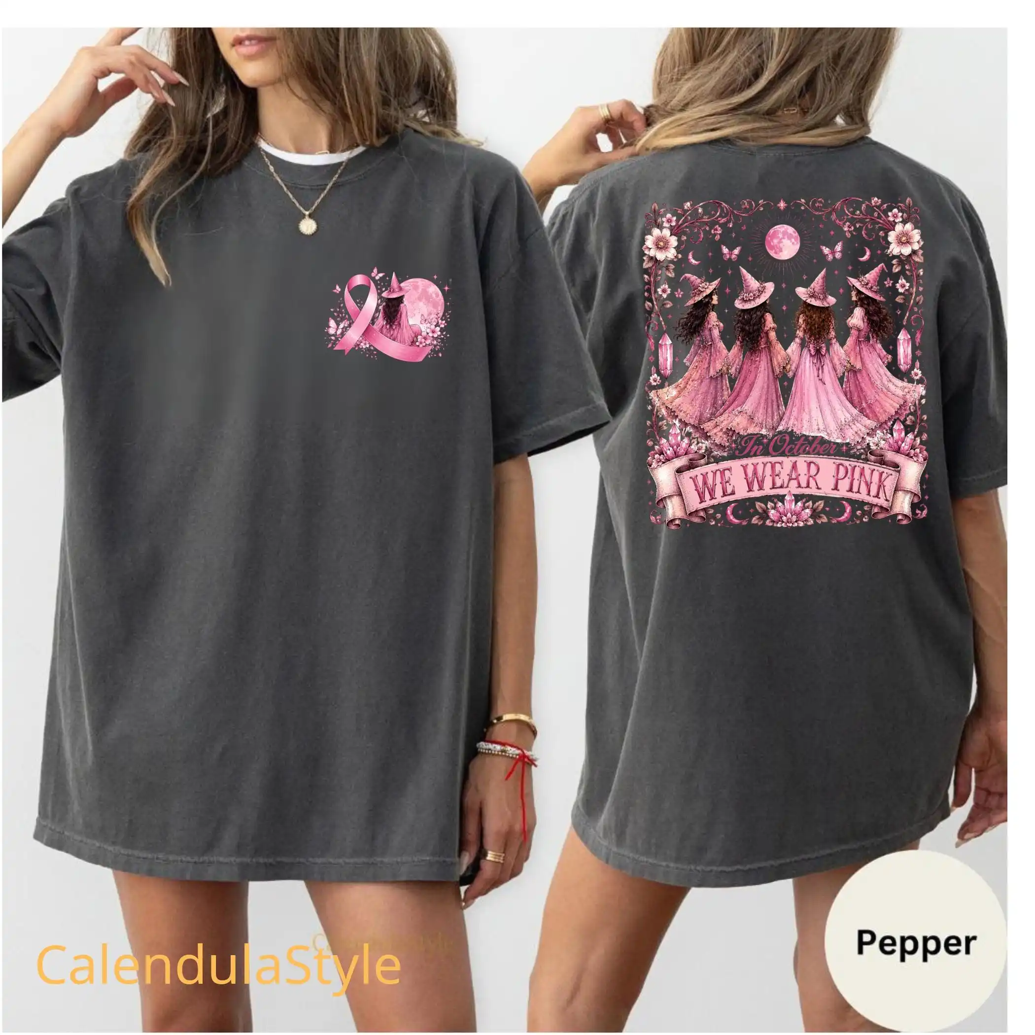 In October We Wear Pink Shirt, Breast Cancer Awareness Witch Tee, Pink Ribbon Halloween Sisterhood, Pink Ribbon Witch Hat Shirt