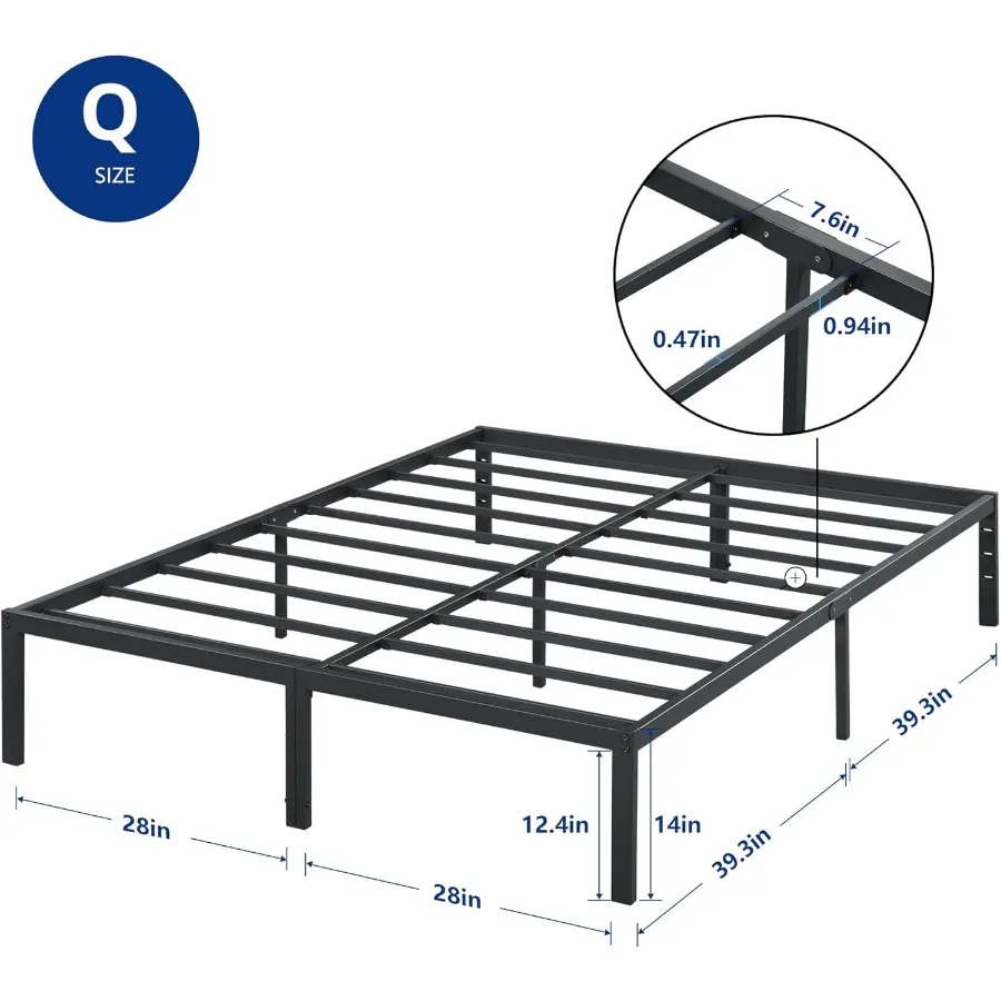 14 Inch Heavy Duty Steel Slat Anti-Slip Support, Easy Assembly Platform Bed Frame, Noise Free Steel Mattress Foundation