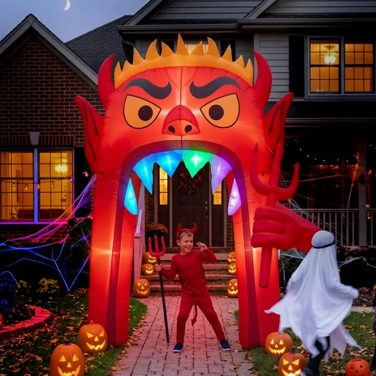 13FT Halloween Inflatable Archway, Red Devil Blow Up Yard Decor | 13FT Halloween Inflatable Giant Devil Archway, Red Demon Head