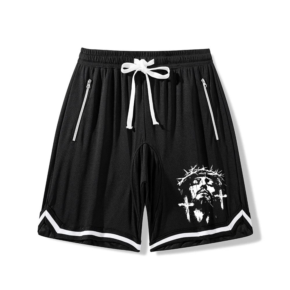 

Men's Athletic Shorts With Jesus Cross Print Fitness Training Shorts With Zipper Pockets And Drawstring Basketball Shorts