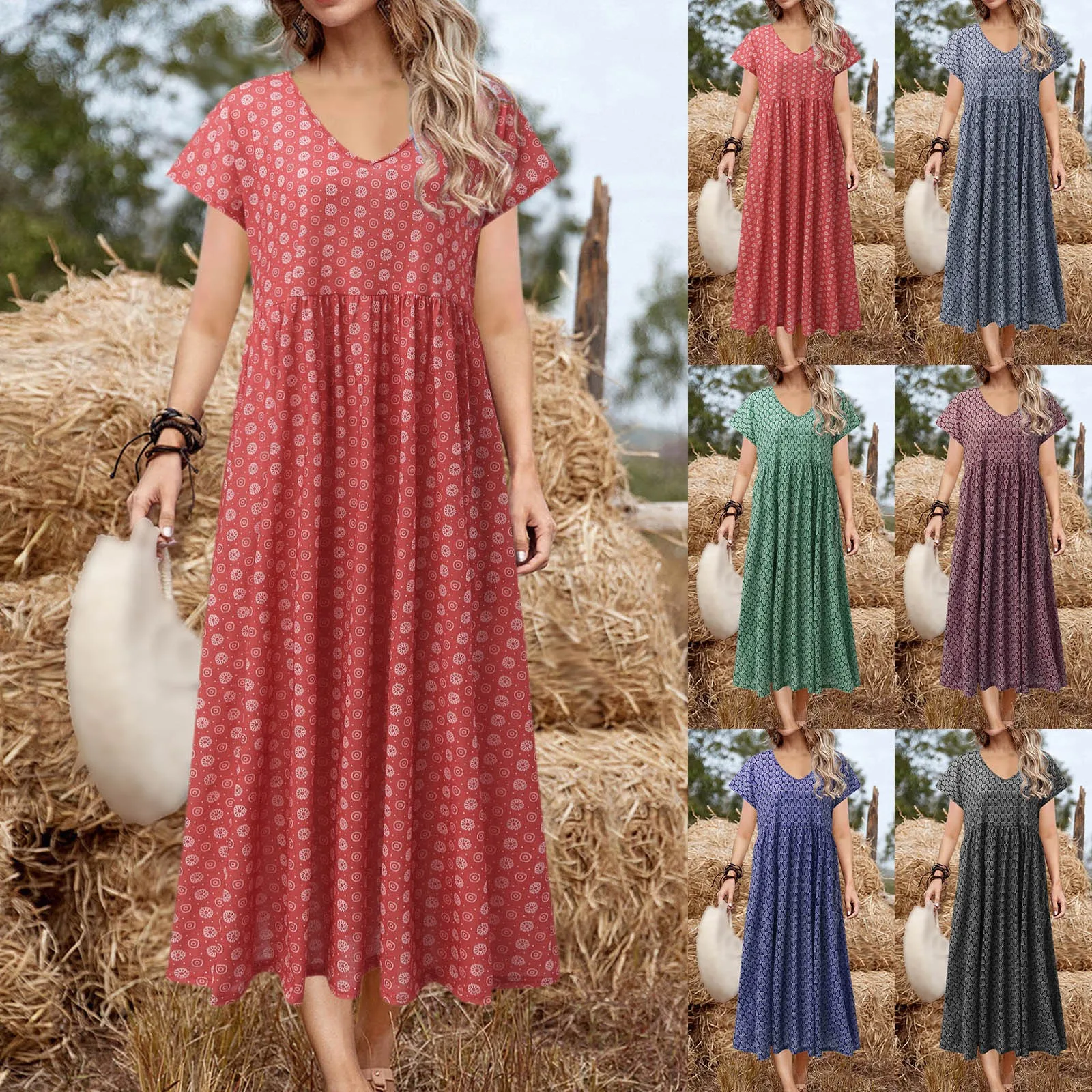 

2023 Spring Summer New Women's V Neck Short Sleeve Dress Floral Print Long Dress Petite Dresses for Work Casual Summer Dress