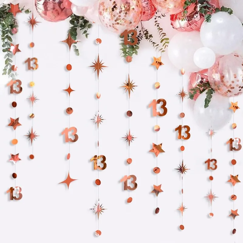 

Rose Gold 13th Birthday Decorations Number 13 Circle Dot Twinkle Star Garland Hanging Streamer 13th Anniversary Party Supplies