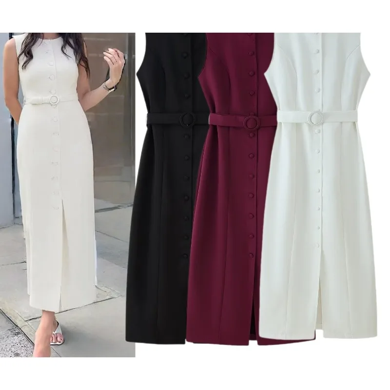 

25 Fashion Temperament Elegant Round Neck Sleeveless Belt Single-breasted Dress