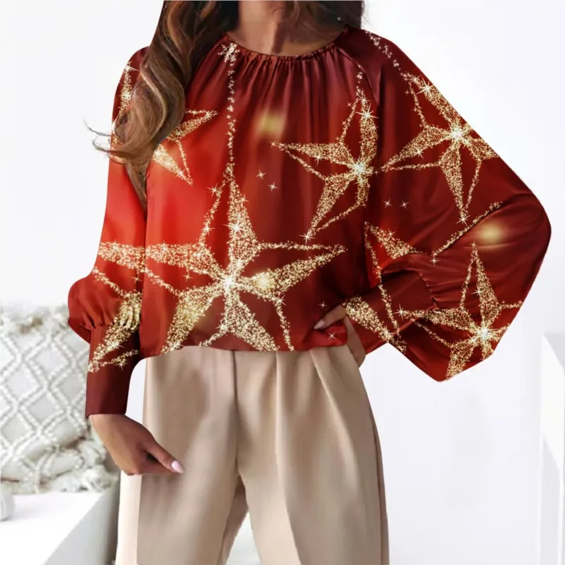 New Year Lantern Sleeve Christmas Shirt Blouse Women Fashion O-neck Loose Casual Shirts Autumn Winter Print Pullover Tops Femme