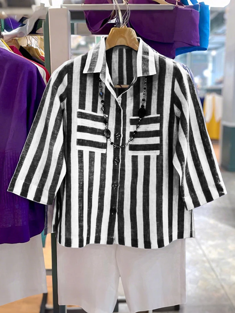 

2025 ZANZEA Autumn Blouses Women Stylish Striped Shirt Lapel Neck 3/4 Sleeve Tops Casual Buttons Down Blusas Elegant Work Shirts