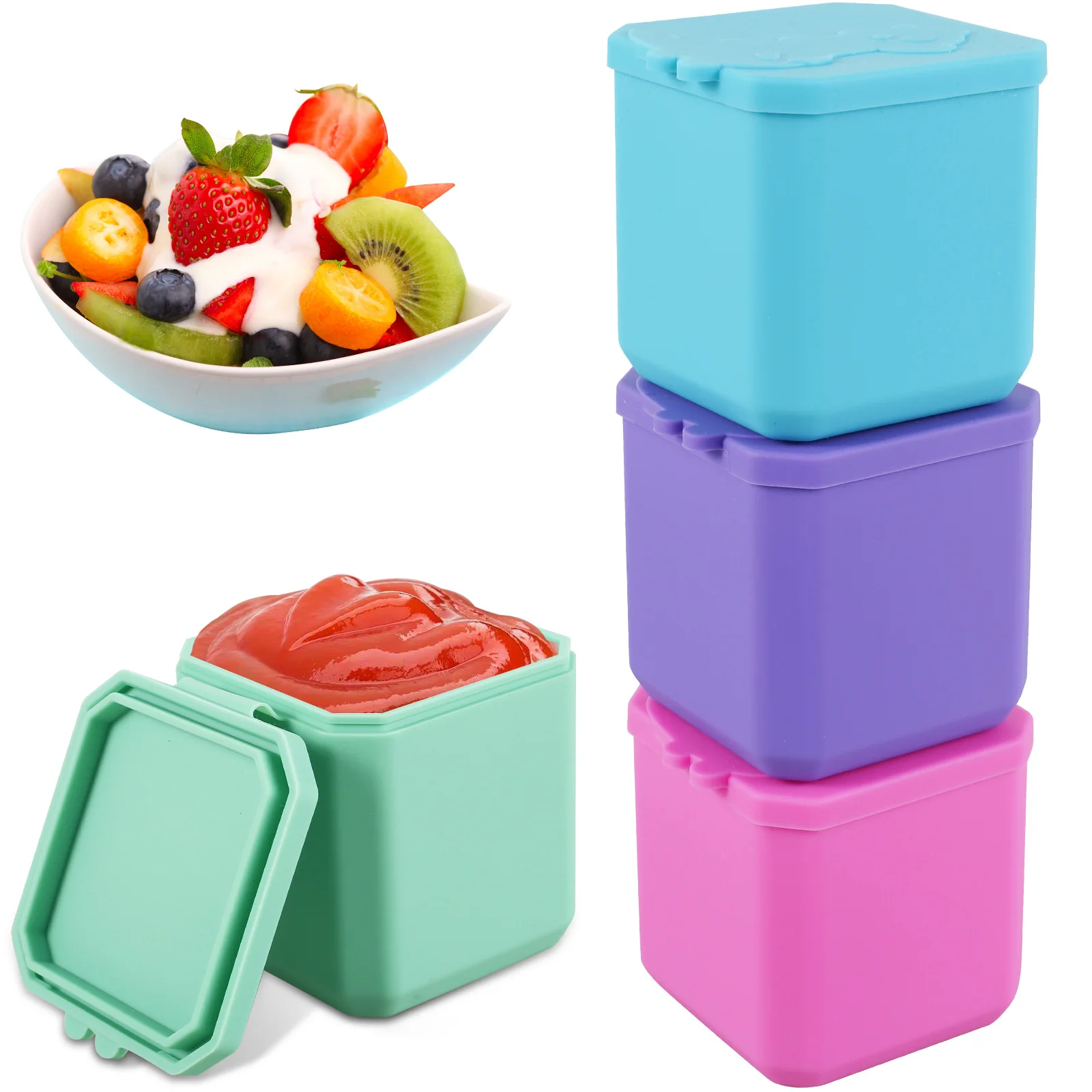 4Pcs Salad Dressing Container 4oz Leak-Proof Sauce Container with Lid Food Grade Silicone Salad Dressing Cup Reusable Portable