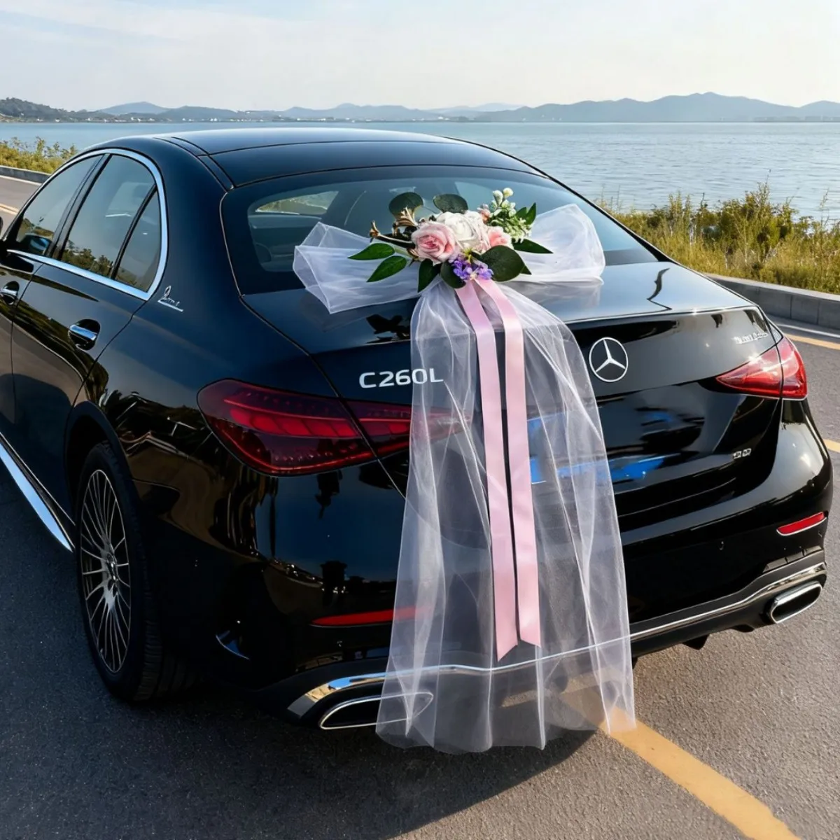 Wedding Car Decoration Garland with White Artificial Flowers and Ribbon Bow Set, Just Married Front Hood Floral Kit