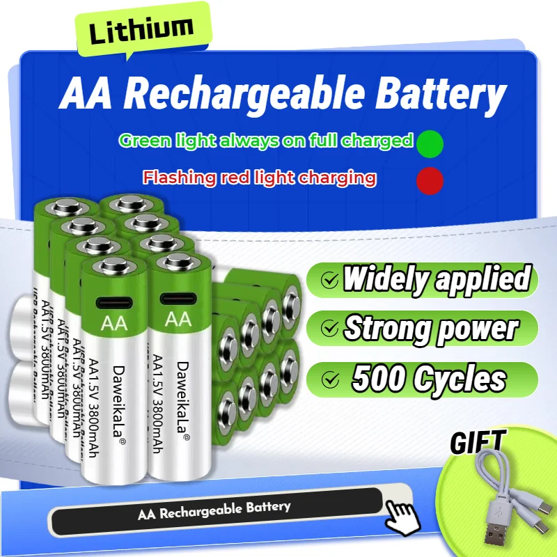 

USB-C Fast Charge AA Lithium Battery 3800mAh, 1.5H Quick Charging, High Capacity for Wireless Mouse, Keyboard, Controller