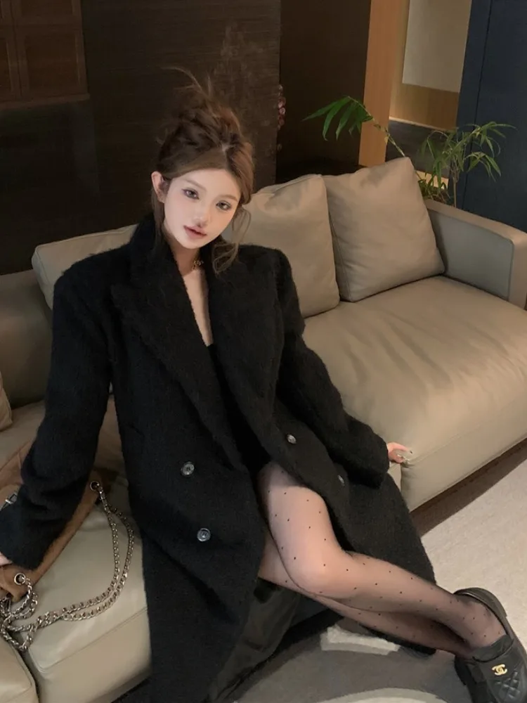 Choco Girl Hepburn - Traje de lana para mujer, abrigo de lana negro de longitud media por encima de la rodilla, cálido, informal, para primavera