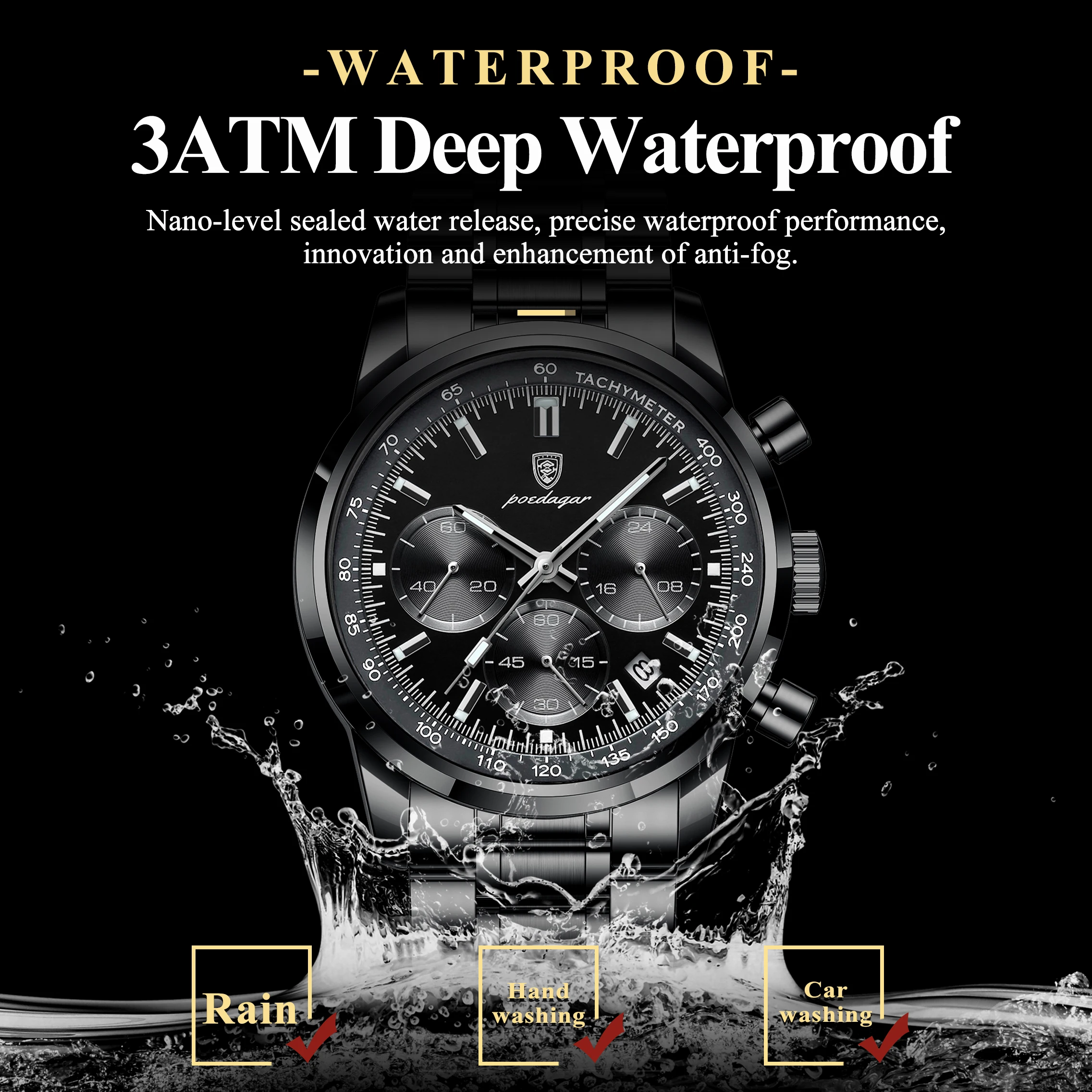 포에다가 탑 기능성 남성용 시계 방수 야광 크로노그래프 날짜 남성용 손목시계 스테인리스 스틸 스포츠 남성용 쿼츠 시계