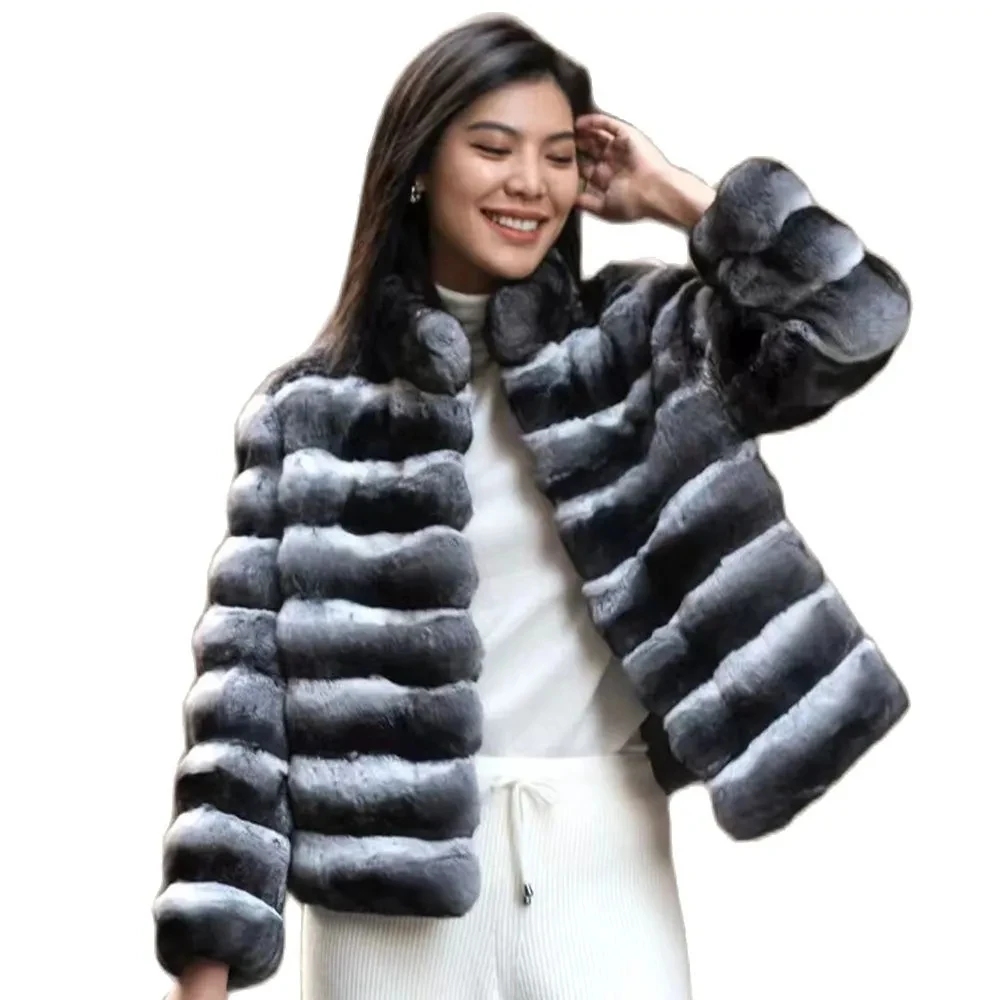 Abrigo de piel de conejo Natural chinchilla rex para mujer, chaqueta de invierno