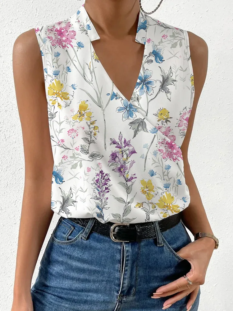 Casual Sleeveless Shirts Summer Women Tank Tops Vintage Floral Print Office Lady White Blouses Fashion Stand Neck Blusas 2023