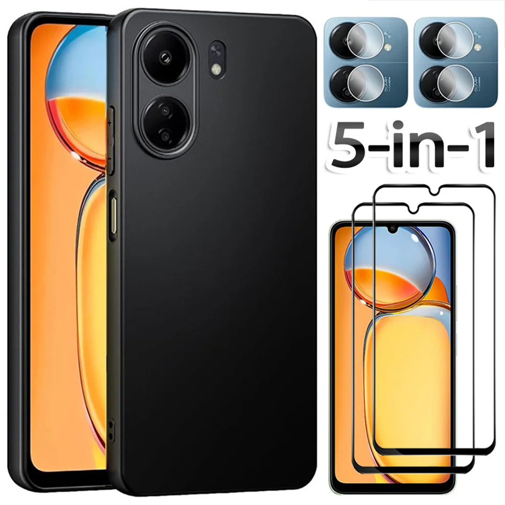 Redmi 13C etui, czarna etui + szkło hartowane do Poco C65 miękkie tpu etui na telefony Redmi 13C pokrywa Redmi 13 C glass case Poco C 65 Xiaomi Redmi 13C etui