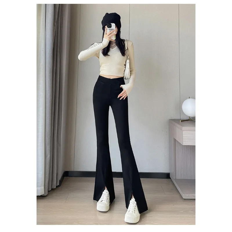 2024 Frühling und Herbst Schwarze Micro Horn Hosen Herbst Hohe Taille schlankmachende und schlankmachende neue Damenhosen