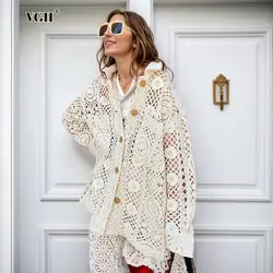 VGH Casual Hollow Out  Loose Shirts For Women For Women Lapel Long Sleeve Patchwork Button Minimalist Cjic Blouses Female New