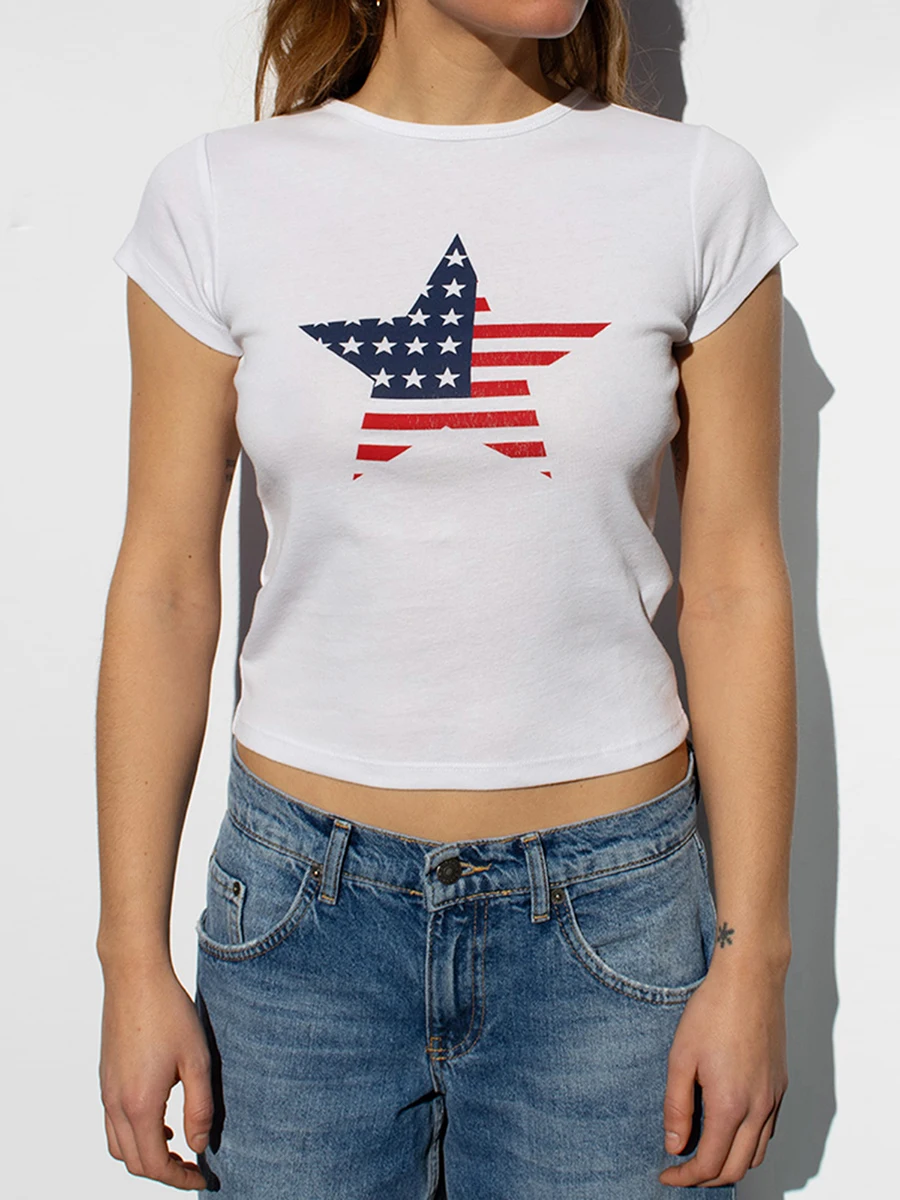 تي شيرت نسائي بقصة ضيقة بطبعة نجوم برقبة مستديرة وأكمام قصيرة ، تي شيرت بعلم الولايات المتحدة ، الرابع من قمم جولي ، غير رسمي #2