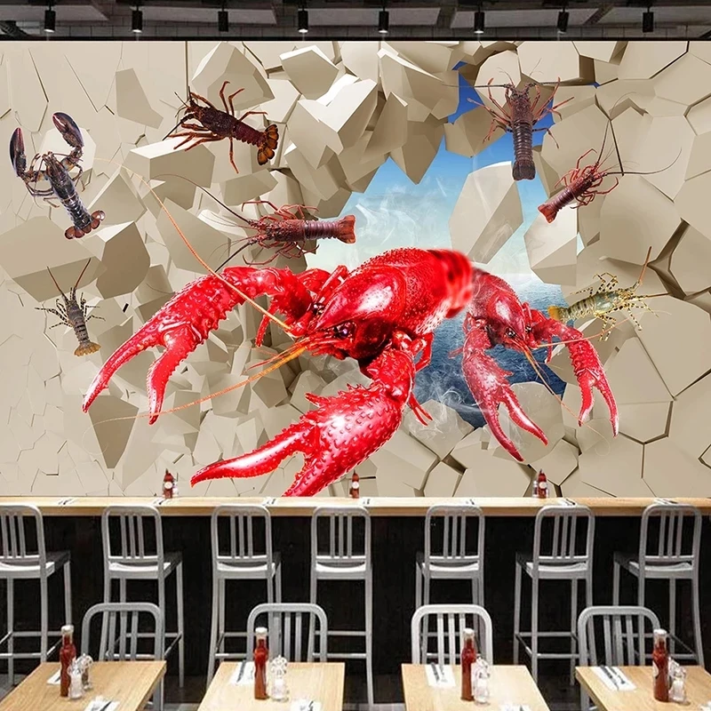 Custom 3D Creative Poster Crayfish Broken Mural Wallpaper Seafood Hot Pot Restaurant Kitchen Living room TV background bedroom