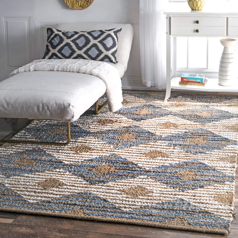 Rug Natural Jute Denim Braided Carpet Handwork Area Rug Geometric Diamond Simple Modern Living Room Floor Mat Running Carpet