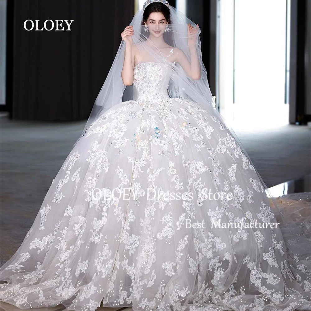 OLOEY Luxury Ivory Lace Wedding Dress A Line Floral Strapless Bridal Gown Sleeveless Floor Length Custom Made Bride Dress