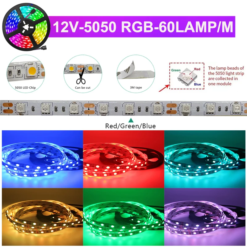 5M 300Leds RGB LED Strip Light 12V 60LEDs/M LED Light 5050 Flexible Diode Ribbon Tape LED Stripe Lighting Multicolored