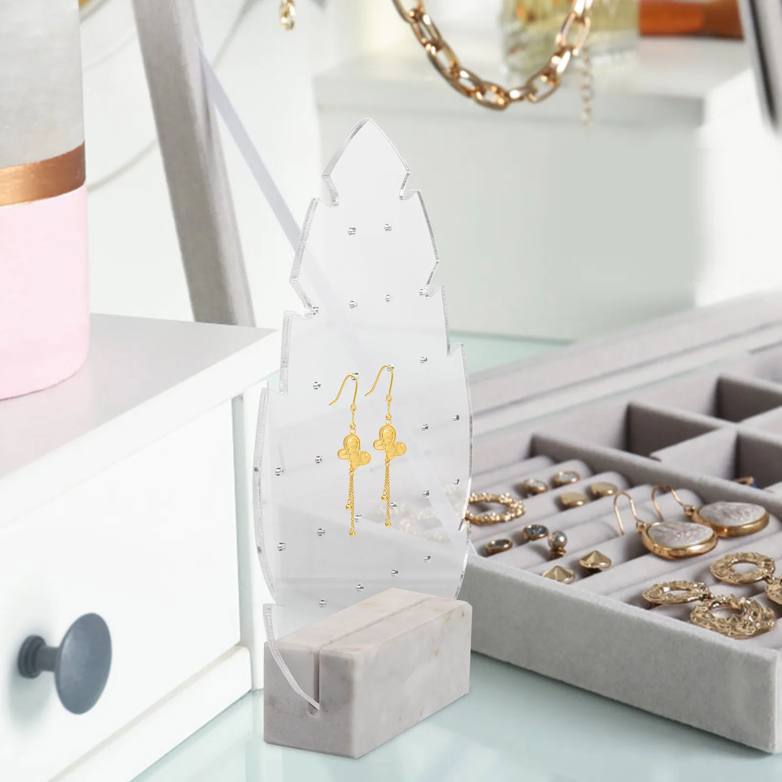 

Earring Display Rack Acrylic Marble Multi Holes Clear Ear Studs Holder Stylish Desktop Jewelry Organizer Storage Stand