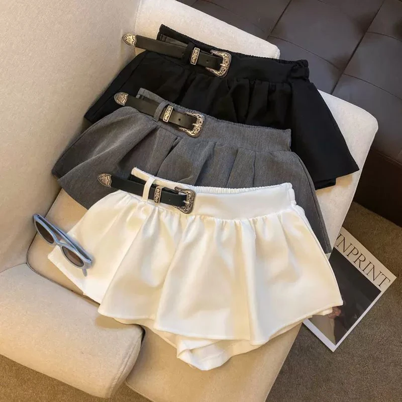 Sweet Preppy Mini Skirt Women Hottie Belt High Waist A Line Kawaii Korean Skirts Chic Student Simple Streetwear Sexy Cake Skirt
