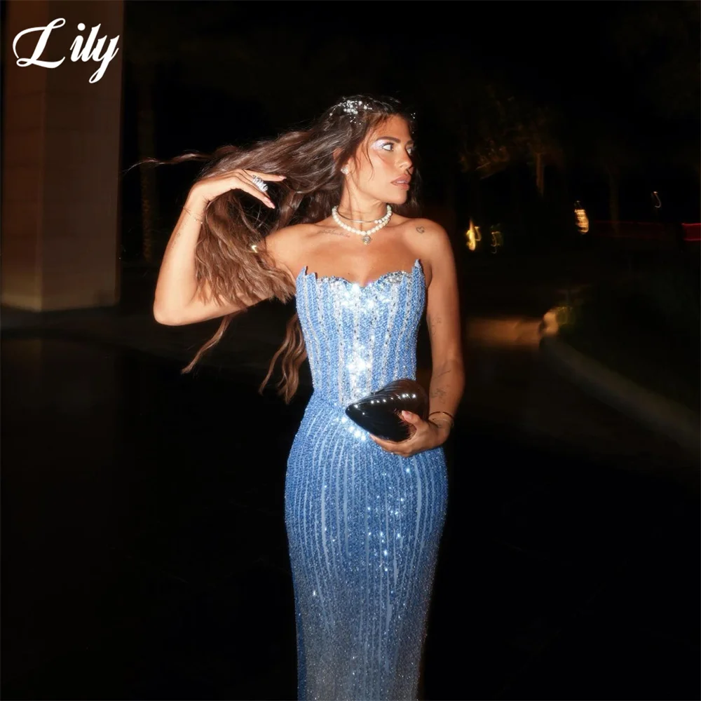 Lily Blue Party Dress Strapless Scalloped Mermaid Evening Dress Linear Sequin فساتين السهرة Sleeveless Gala Dress Customized