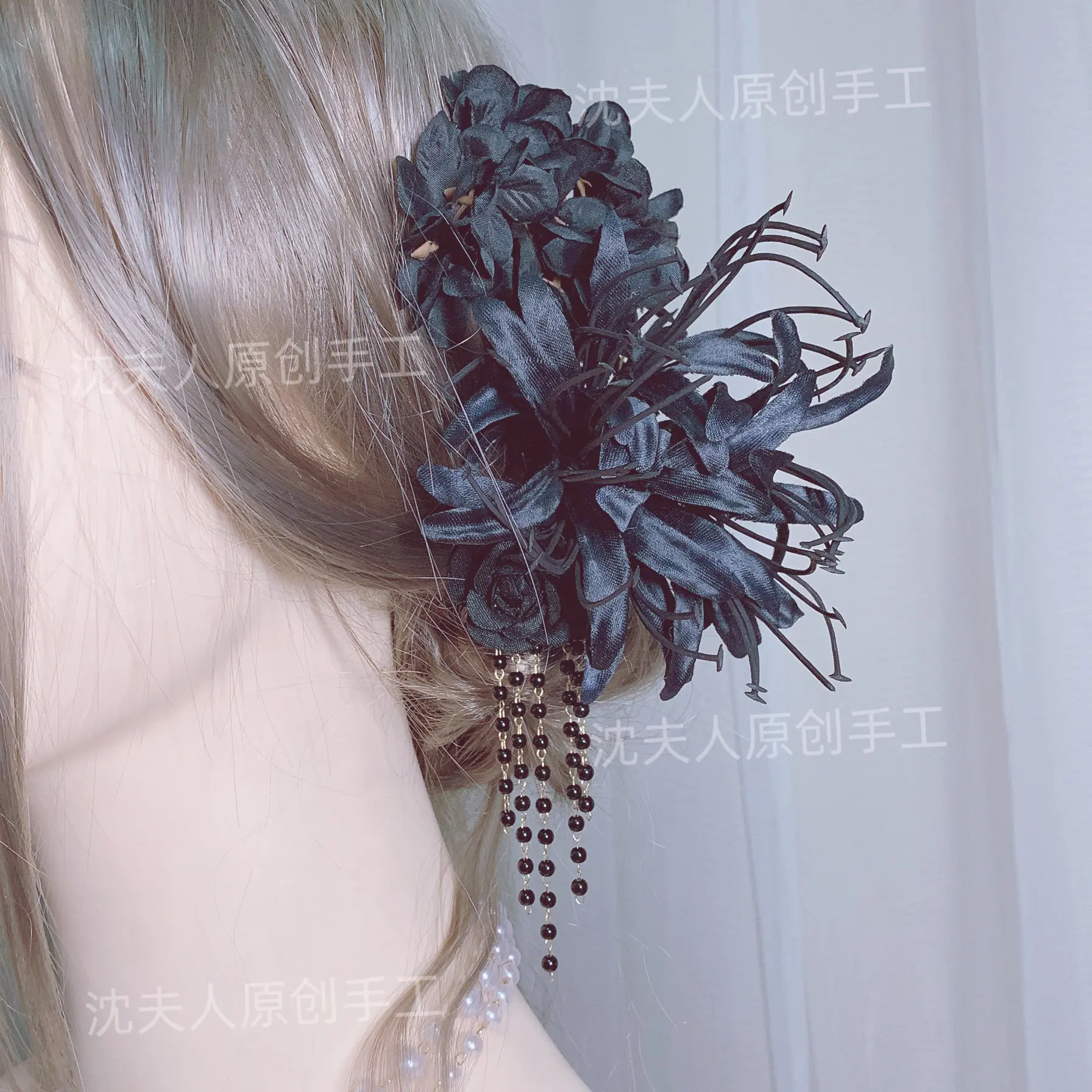 Lolita Original Handmade Black Flower Fringed Hairpin  Women's Headwear