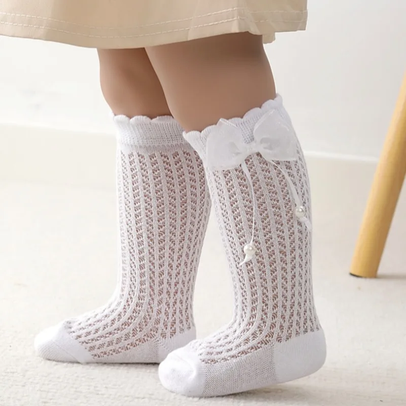 White Cotton Mesh Socks for Baby's Butterfly Knot Pearl Decorative Socks Nfant Girl's Knee Length Long Hosiery Newborn Gifts