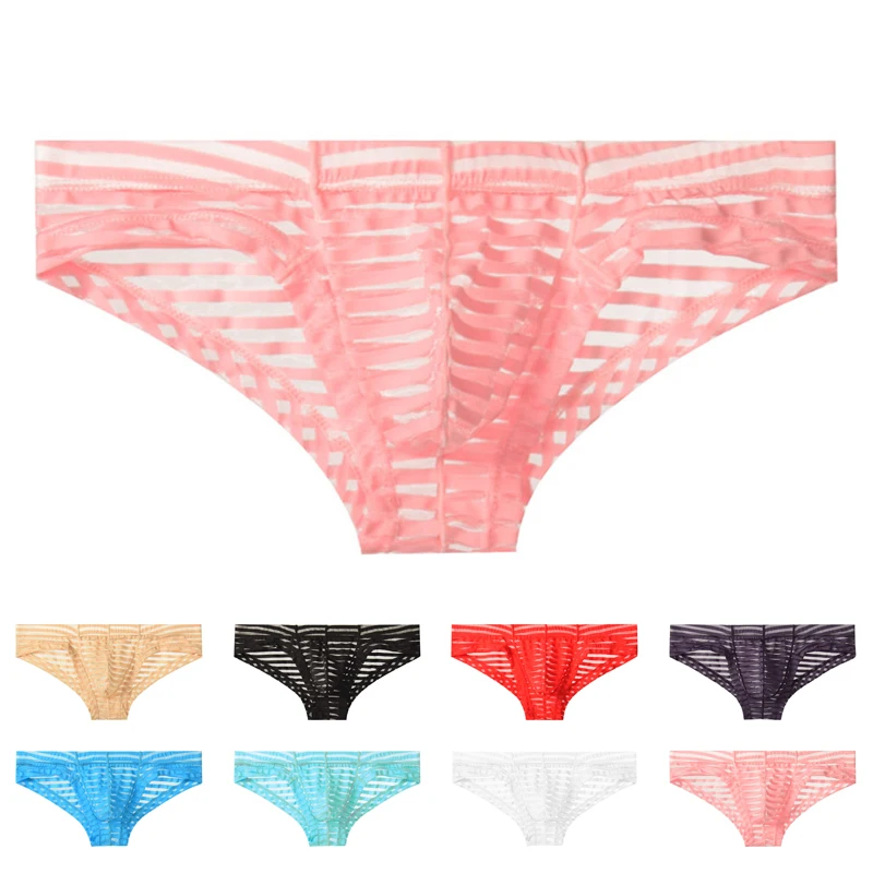 Sexy Super Thin Men Transparent Striped Mesh Underwear Low Waist Breathable Man Briefs Bikini Panties Shorts