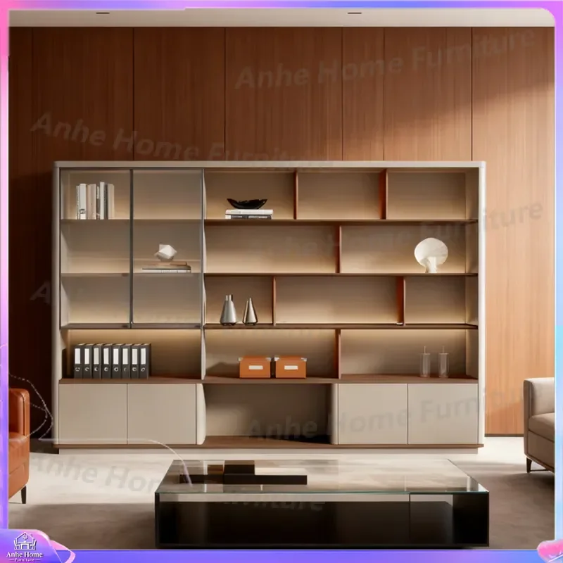 Modern Wooden Bookcase Office Storage Cabinet Luxury Boss Desk File Organizer Open Shelf Display Unit Home Furniture Locker