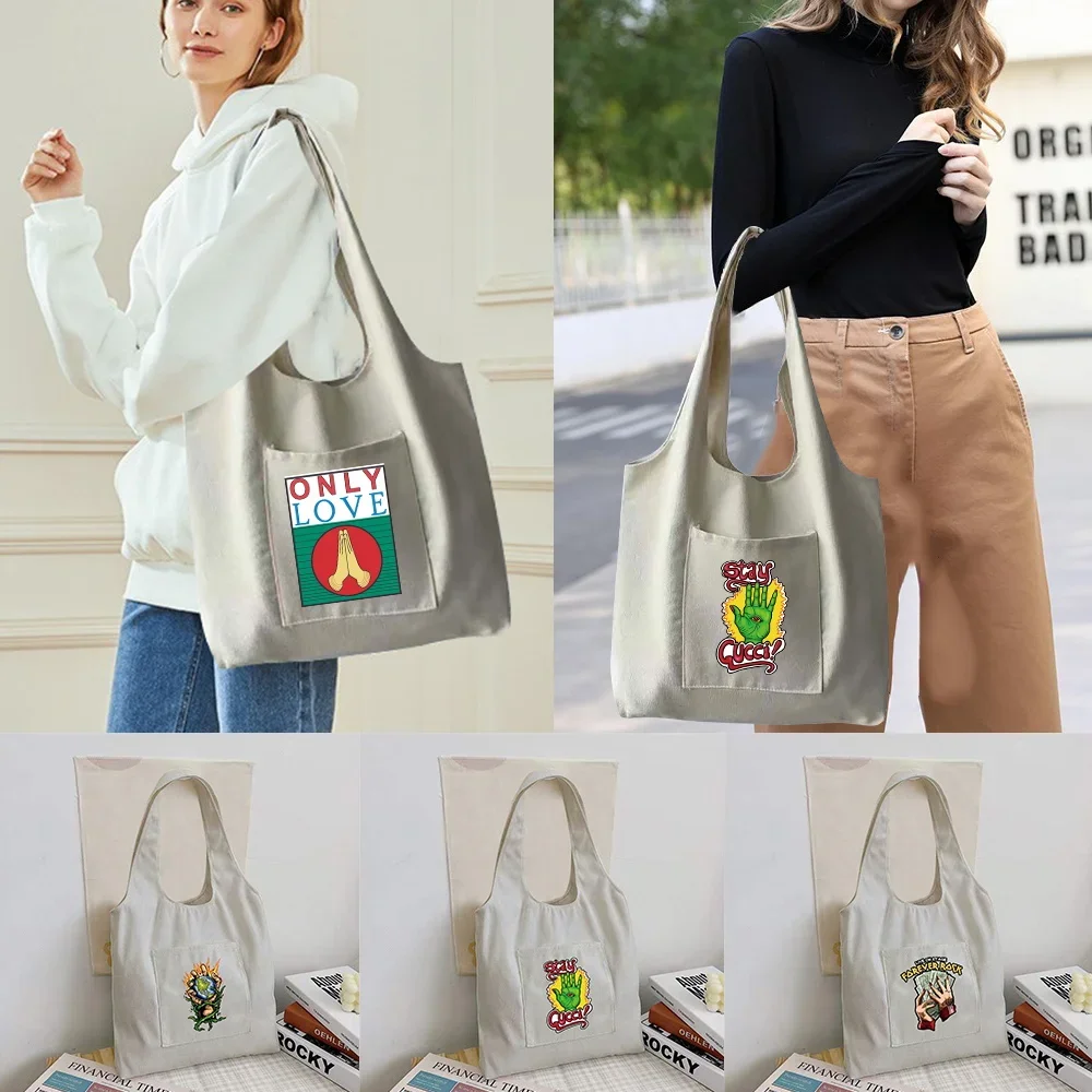 

Foldable Shopping Bag Reusable Handbag Shopper Bag Casual Ladies Canvas Large Capacity Hand Print Shoulder Tote Bag