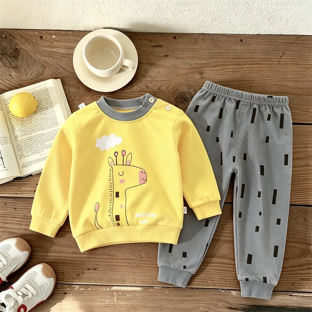 Frühling Herbst Unterwäsche 2-teiliger Pyjama für Babys Jungen Mädchen Lässiger Pyjama für Kleinkinder Neues Cartoon-Tier-Print Heimkleidung – Detail 2