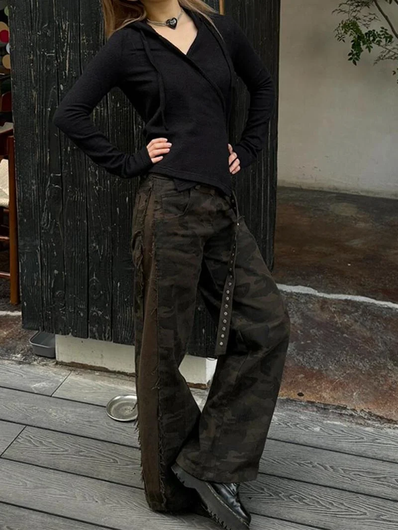 

Американские ретро-джинсы с рваным камуфляжным принтом, женские, новинка 2026 года, в расслабленном стиле, с двойным поясом, свободные, широкие брюки-клеш