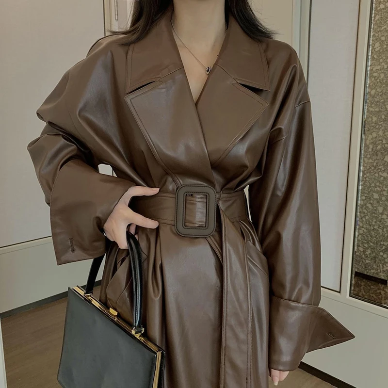 Women Long Leather Clothes Large Lapel Belt Stylish Overcoat Fall Winter Retro Long Sleeve Loose Oversized Leather Trench Coat