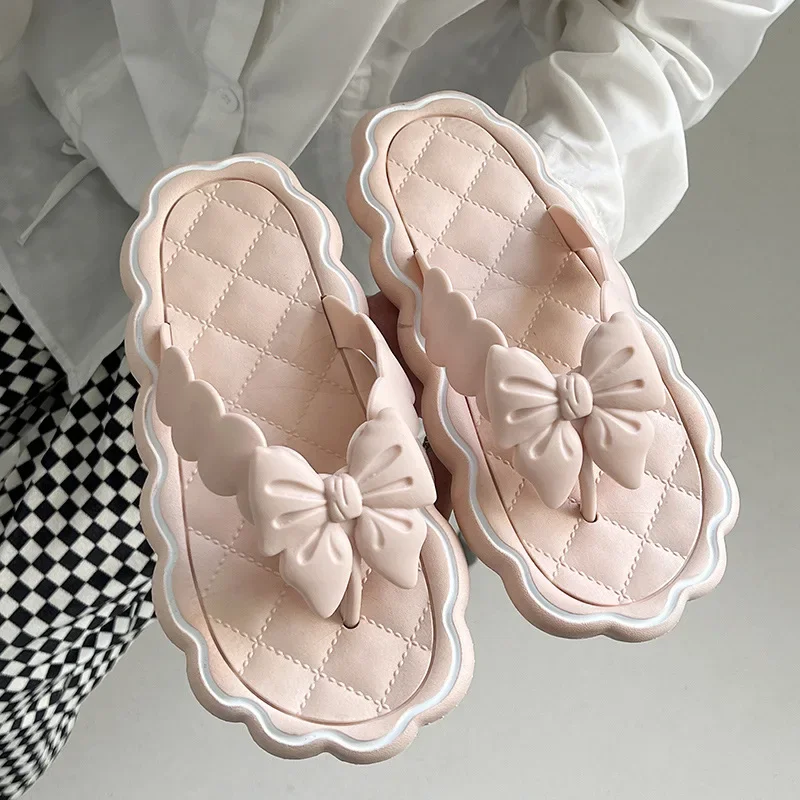 

Leisure Soft Bathroom Flip-flops Women's 2024 New Summer Lovely Bow Fairy Style Flat Bottom Smooth Ladder Home No-slip Slippers