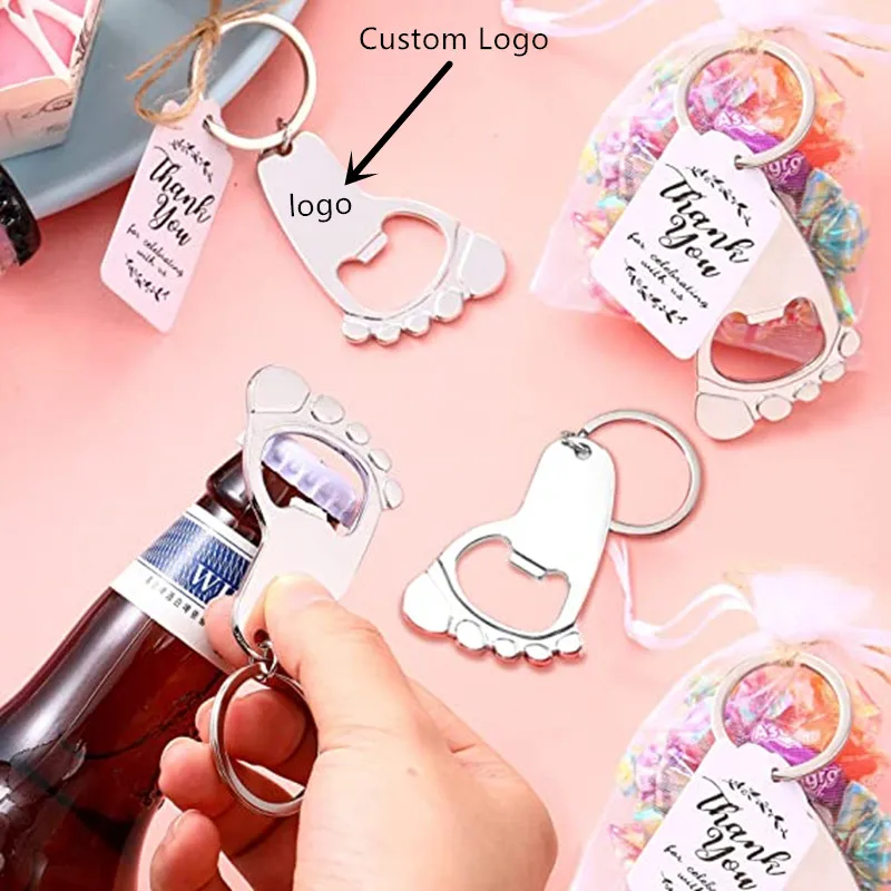 50-piece baby footprint key chain bottle opener baby shower party with organic cloth bag and baby shower party souvenir label