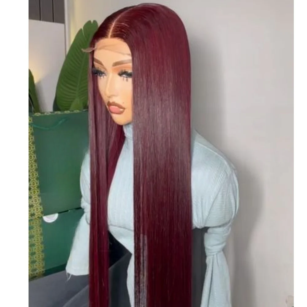 Wine Red 99j Long 26 Inch Straight Lace Front Wig 180Density Glueless Synthetic PrePlucked Daily Use