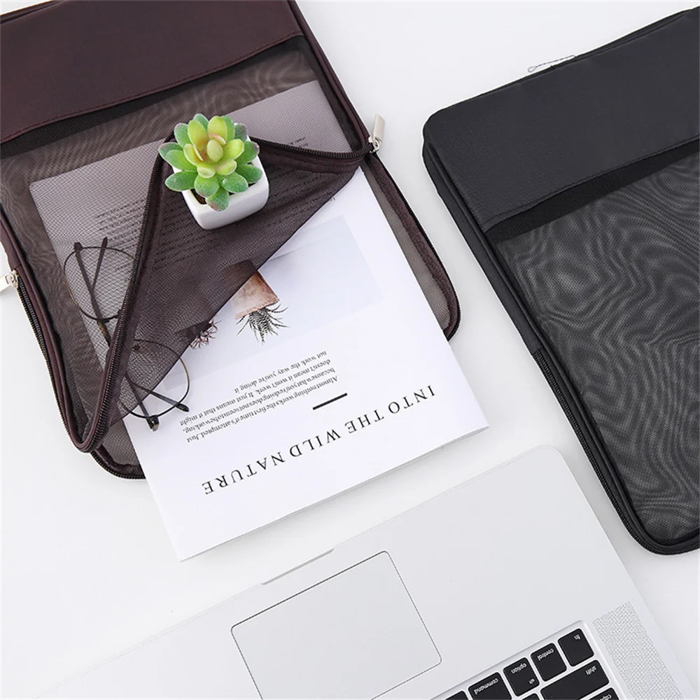 Large-Capacity Stationery Storage Bag Mesh Zipper Pouch File Organization Office Supplies Translucent File Storage A4 File Bag