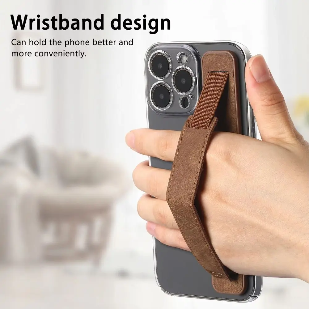 Wristband Phone Finger Grip Strap Telescopic Mobile Phone Stand Self-adhesive PU Leather Kickstand for Most Smartphone