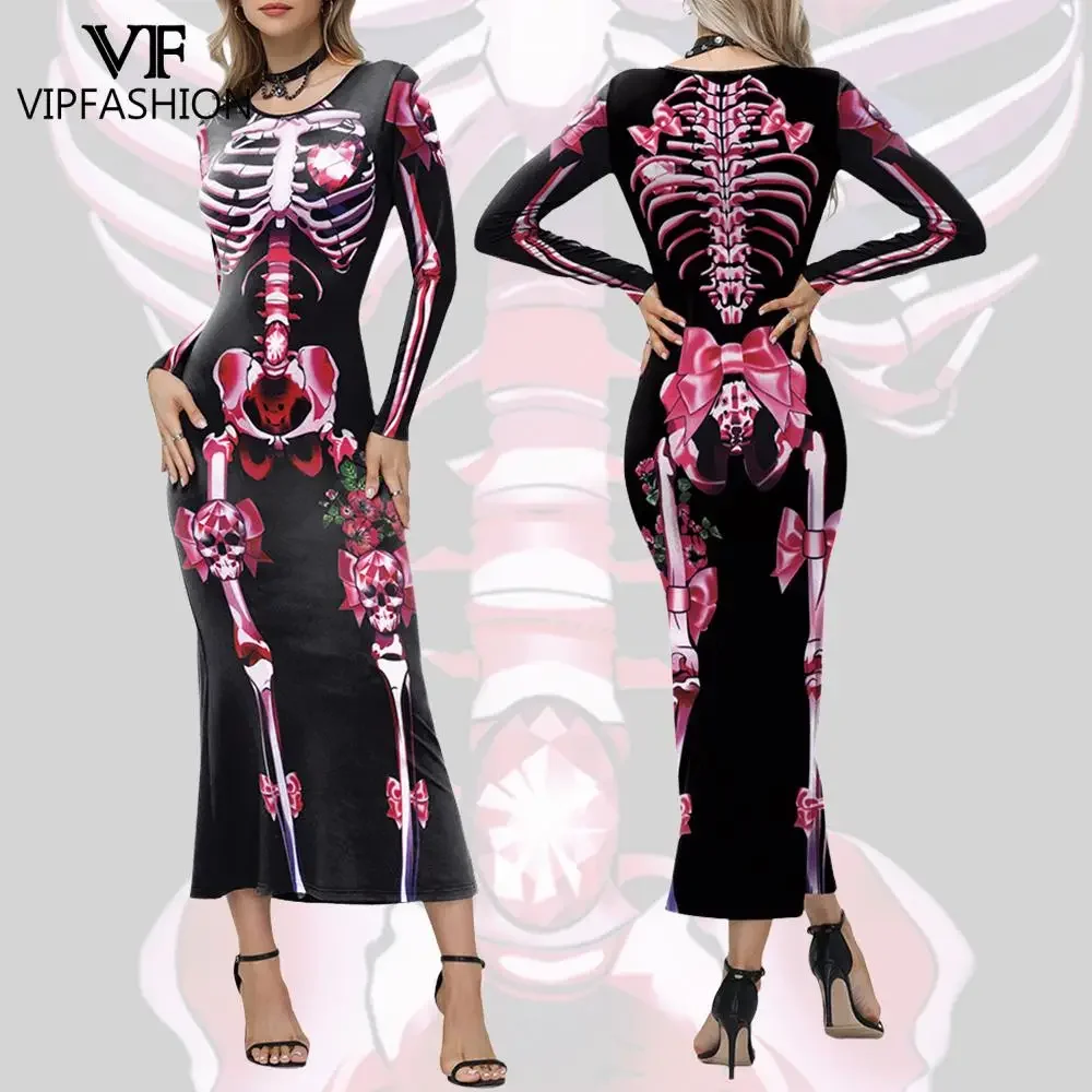 

VIP FASHION Women's Pink Skeleton Print Halloween Dress Spooky Maxi Cosplay Dress Day of the Dead Long Sleeve Party Clothing
