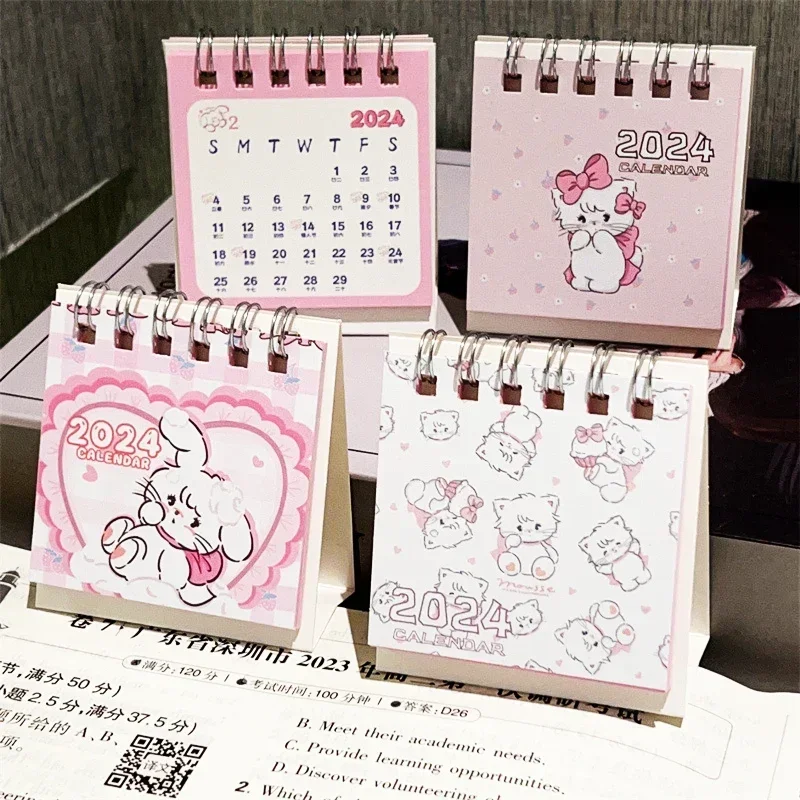 2024 Loose Leaf Ring Calendar Cartoon Cat Mini Calendar Student Date Record Calendar Book Decoration Desktop Ornaments New Gifts