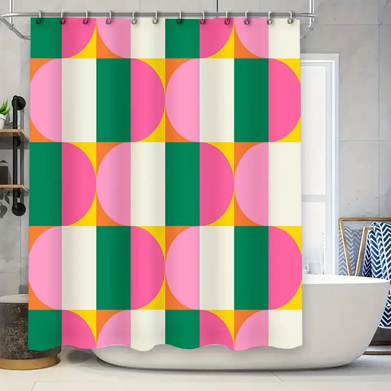 Bright Bath Rug Shower Curtain Set Geometric Modern Pattern Decor with Rings for Bathroom (180x240cm)