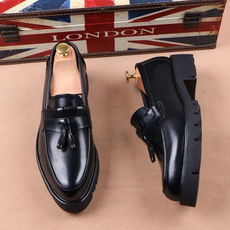 Korean style mens casual business wedding formal dress soft leather shoes slip on tassels shoe black tide platform loafers male