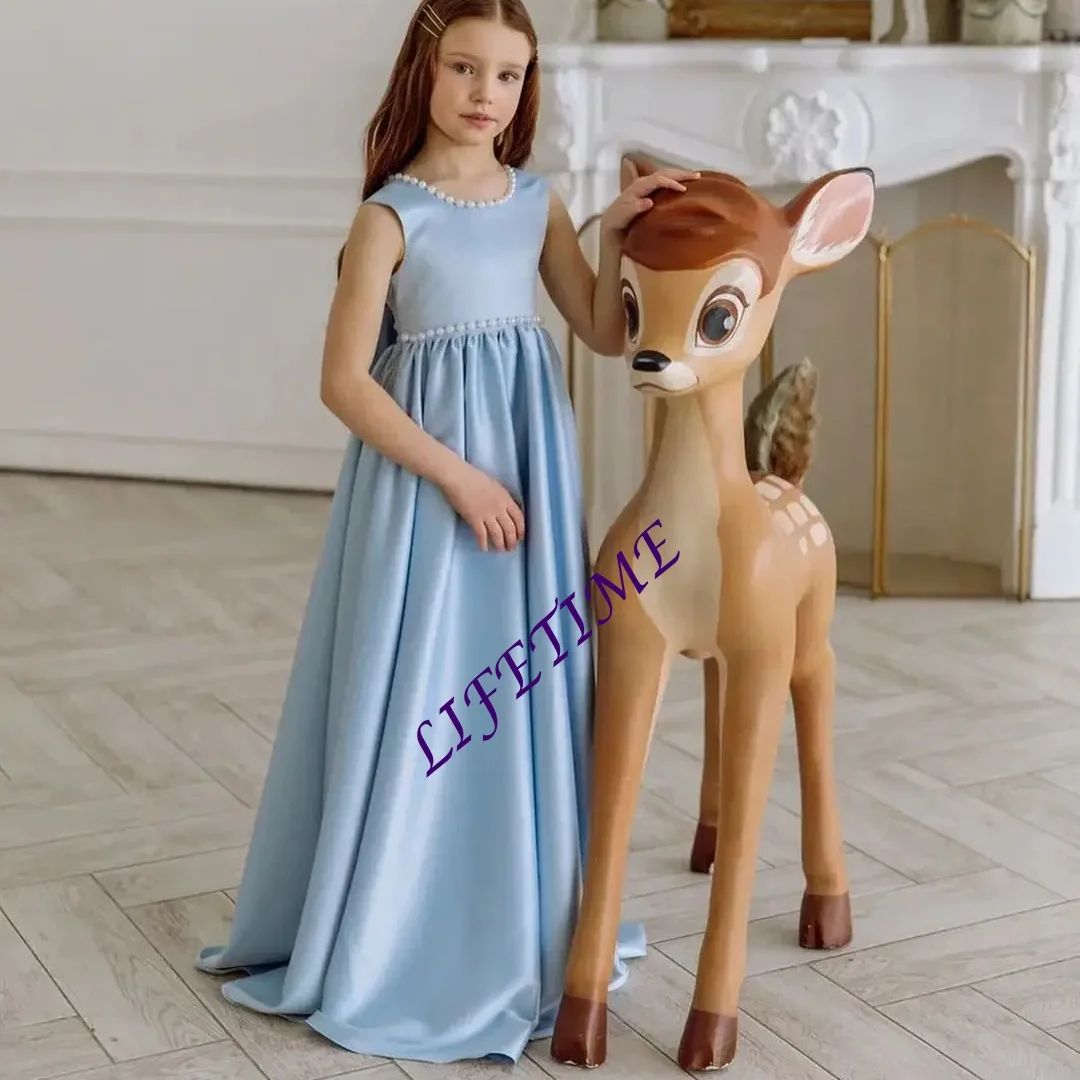 

Элегантное розовое атласное платье без рукавов с пышным поясом и бантом, платье с цветочным узором для девочек, украшение из жемчуга, маленькая принцесса, вечернее платье на день рождения