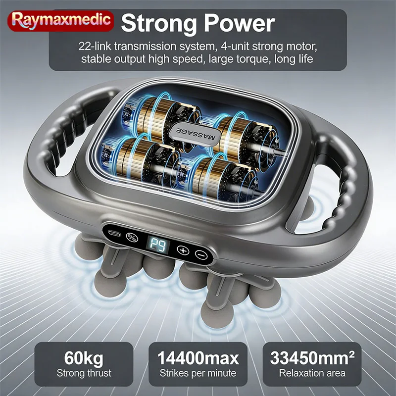 

Массажный пистолет Raymax с 22 насадками, высокочастотная вибрация, для массажа тела, спины, поясницы, шеи, плеч, мышц